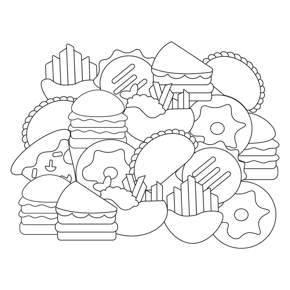 comida rápida con estilo garabato. arte lineal en blanco y negro vector