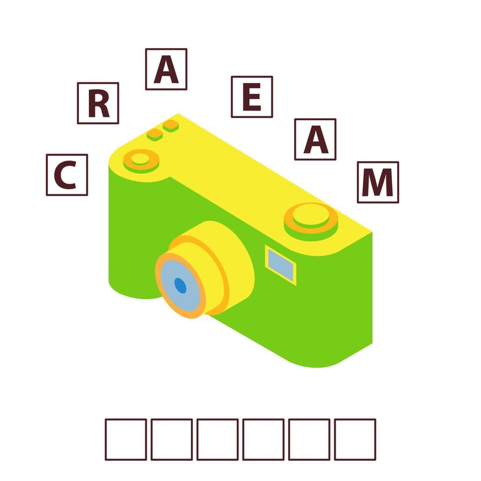 Game words puzzle isometry photo toy camera.Education developing child.Riddle for preschool.Flat illustration cartoon character vector. vector