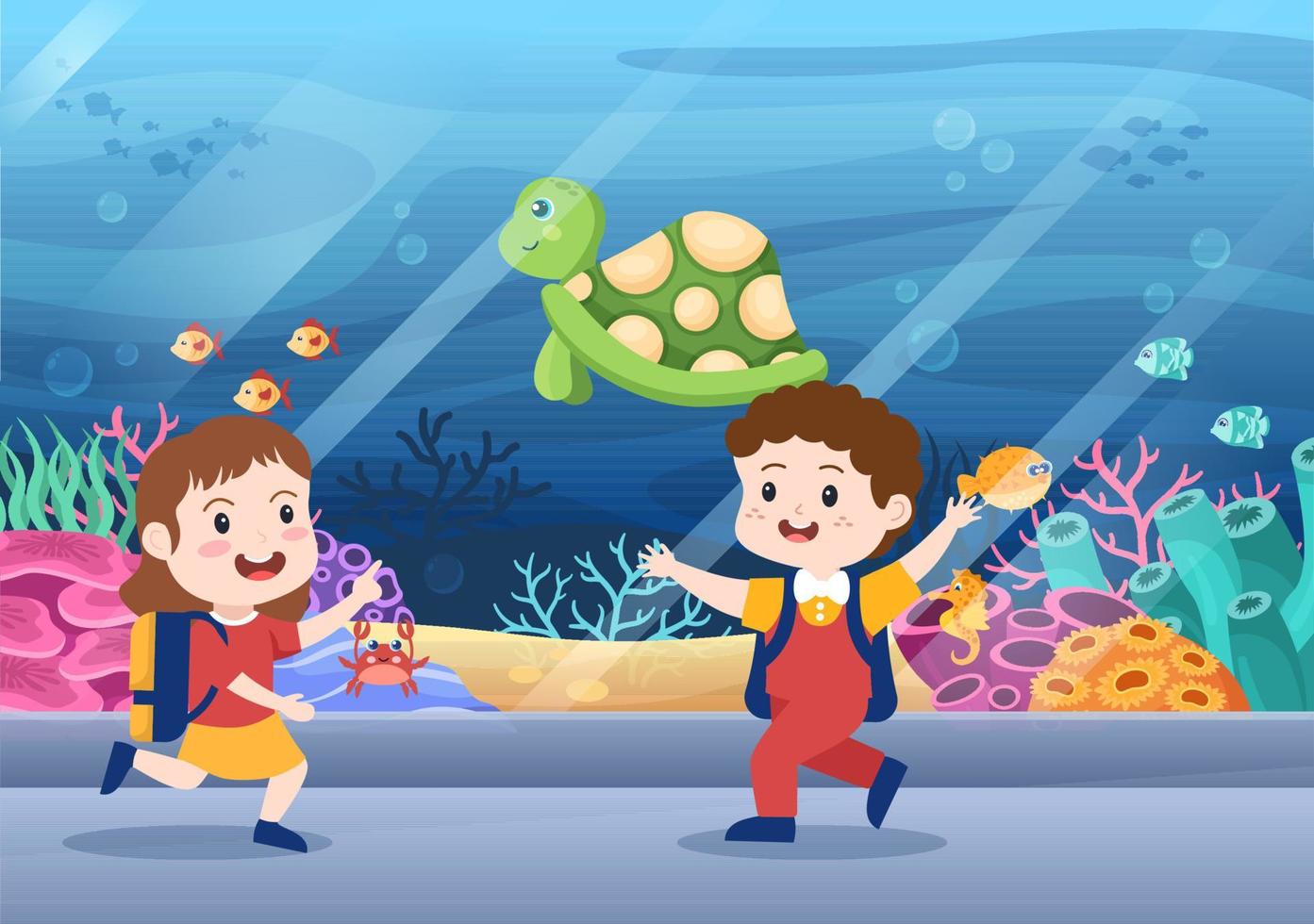 plantilla de acuario dibujada a mano ilustración plana de dibujos animados con niños mirando peces submarinos, variedad de animales marinos, flora y fauna marina vector