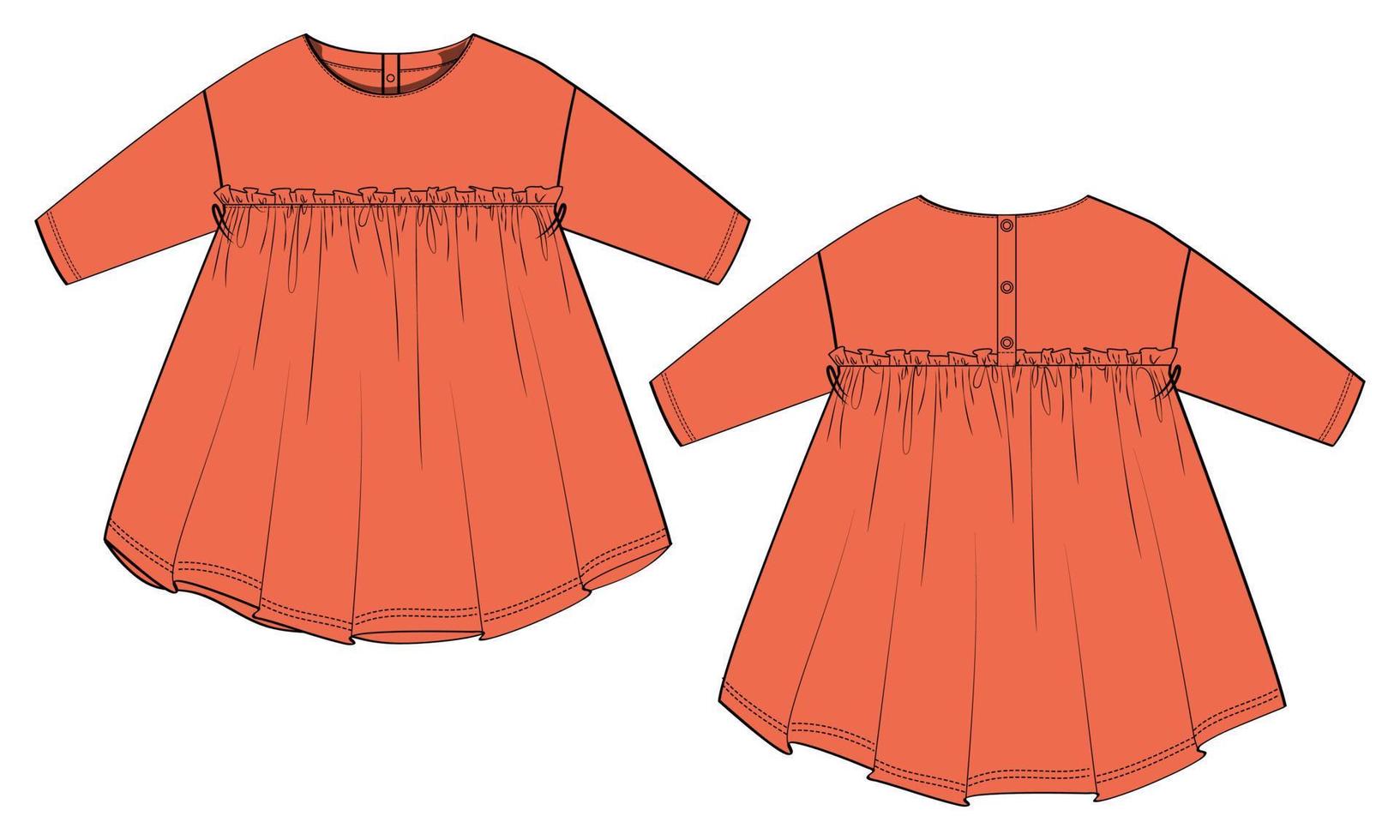 Baby girls dress design technical Flat sketch vector illustration template