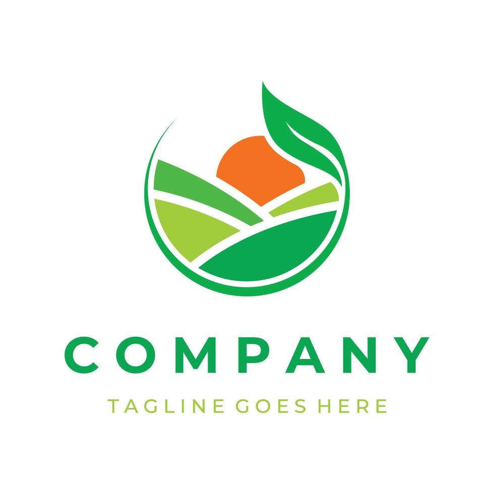 Green landscape logo creative template design with farmland or plantations and hills.Logo for natural and agricultural products. vector