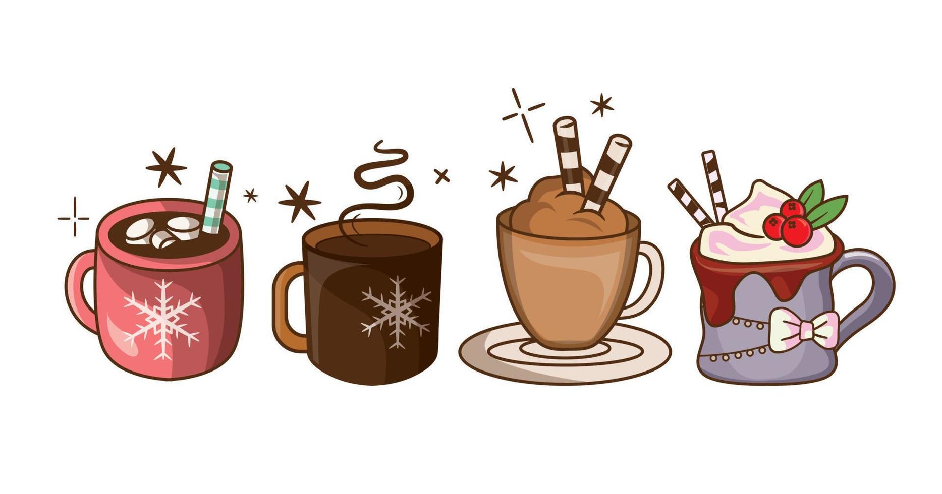 Christmas hot beverages of coffee, chocolate, and eggnog drinks in mugs and cups. vector