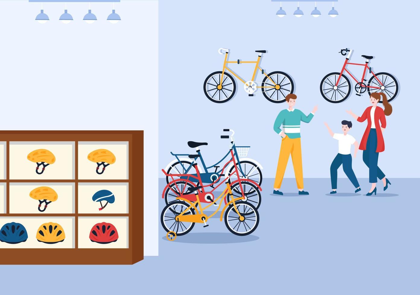 tienda de bicicletas con compradores que eligen ciclos, accesorios o equipos de engranajes para montar en una plantilla dibujada a mano ilustración plana de dibujos animados vector