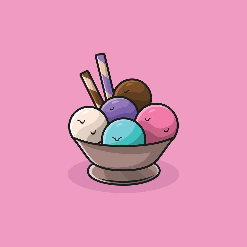 Melting ice cream balls in the medium cup isolated on pink background. vector flat outline icon.