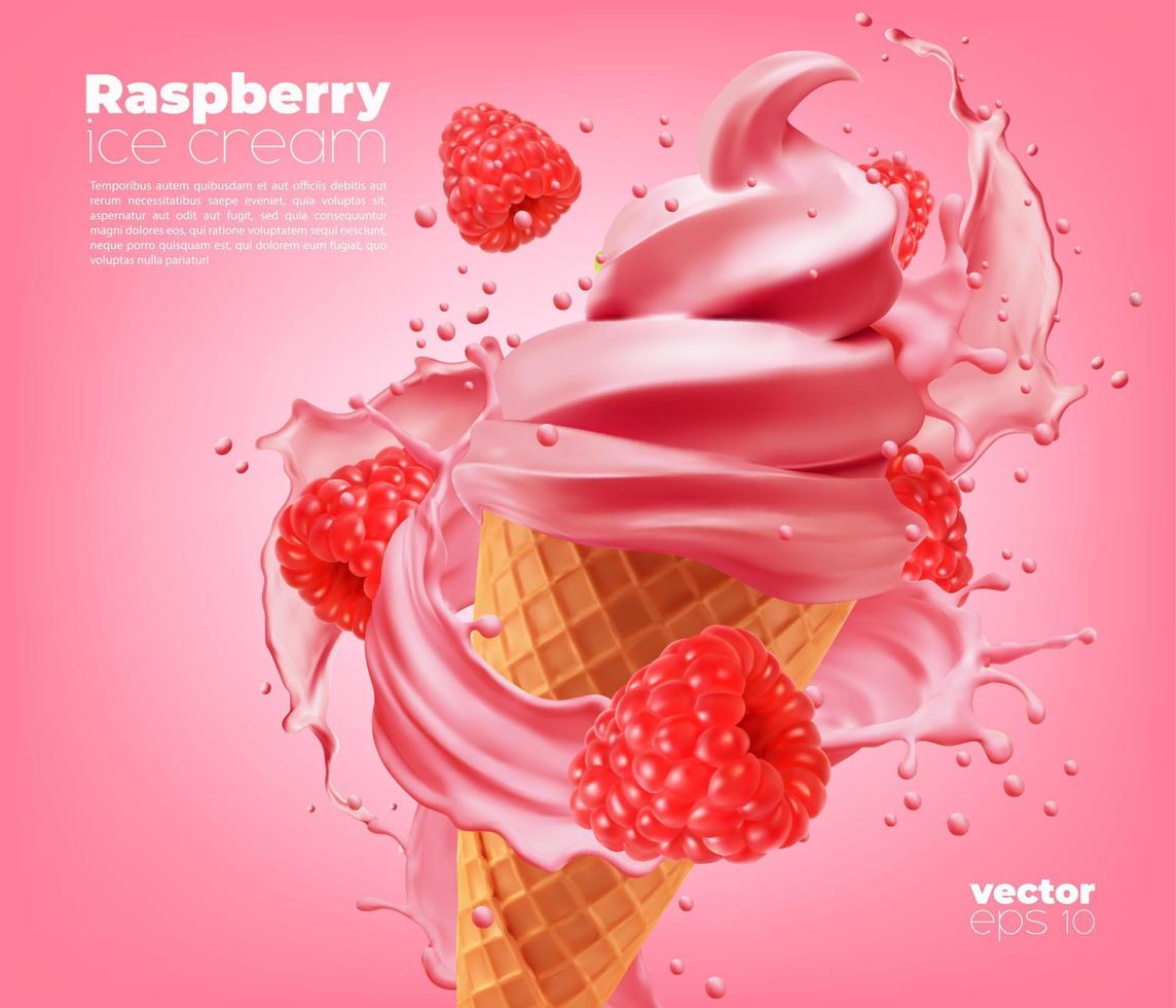 Raspberry soft ice cream cone with milk splash vector