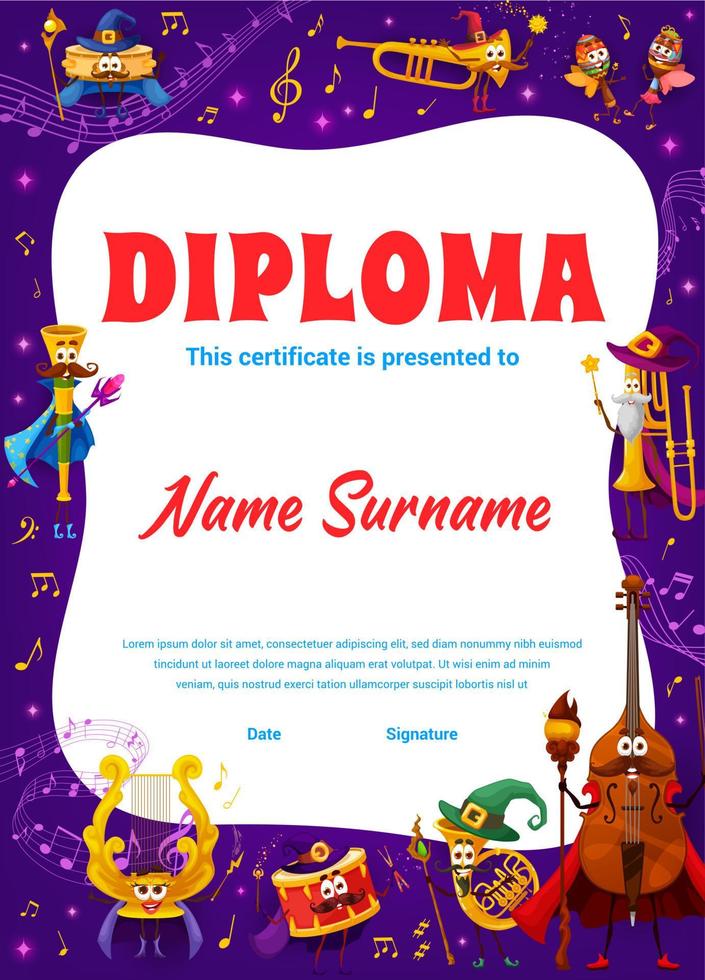 Diploma para niños con divertidos instrumentos musicales de mago. vector