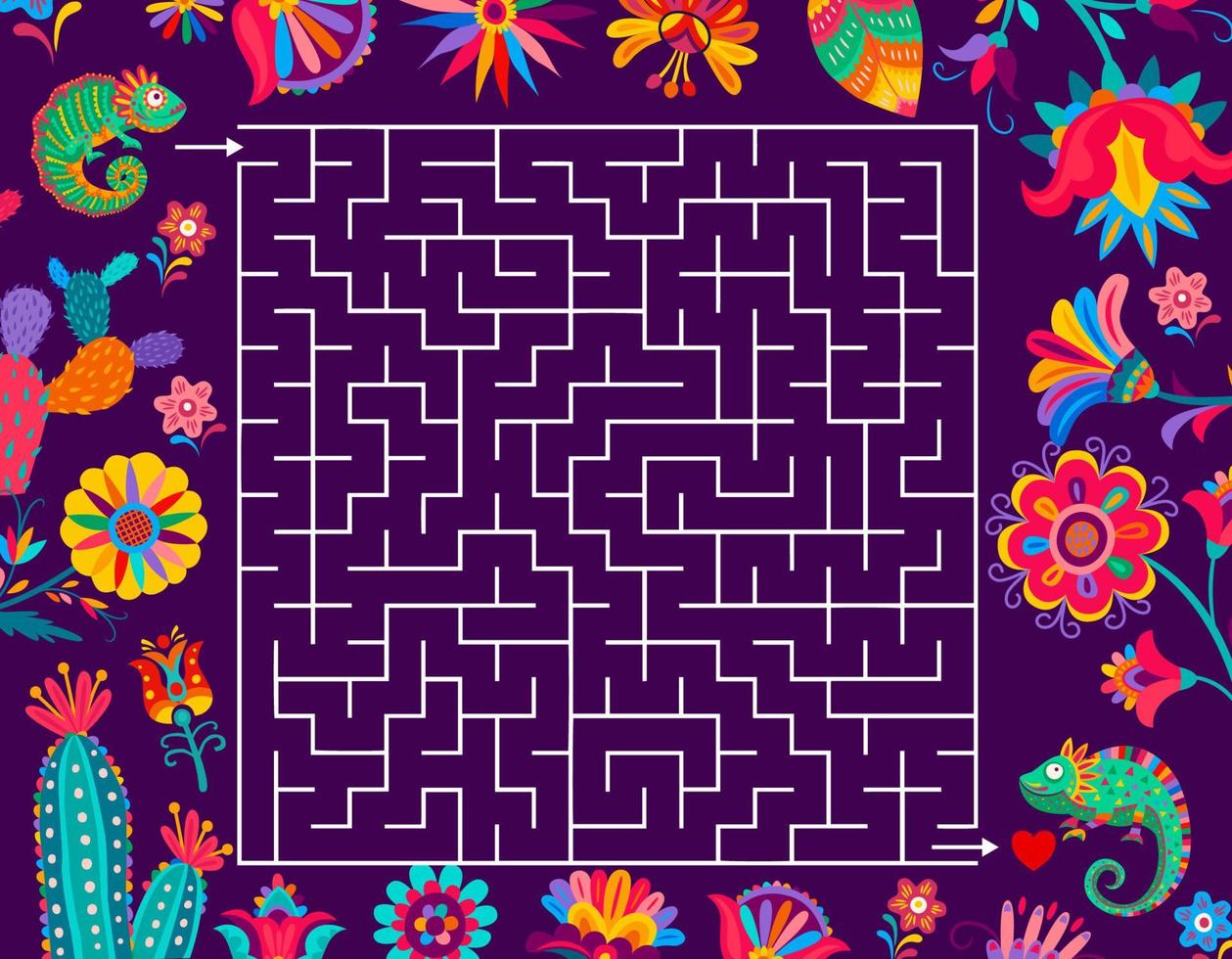 juego de laberinto laberinto con camaleón mexicano, flor vector