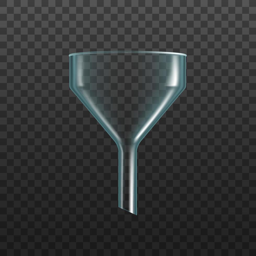 Glass funnel, realistic laboratory filter tube vector