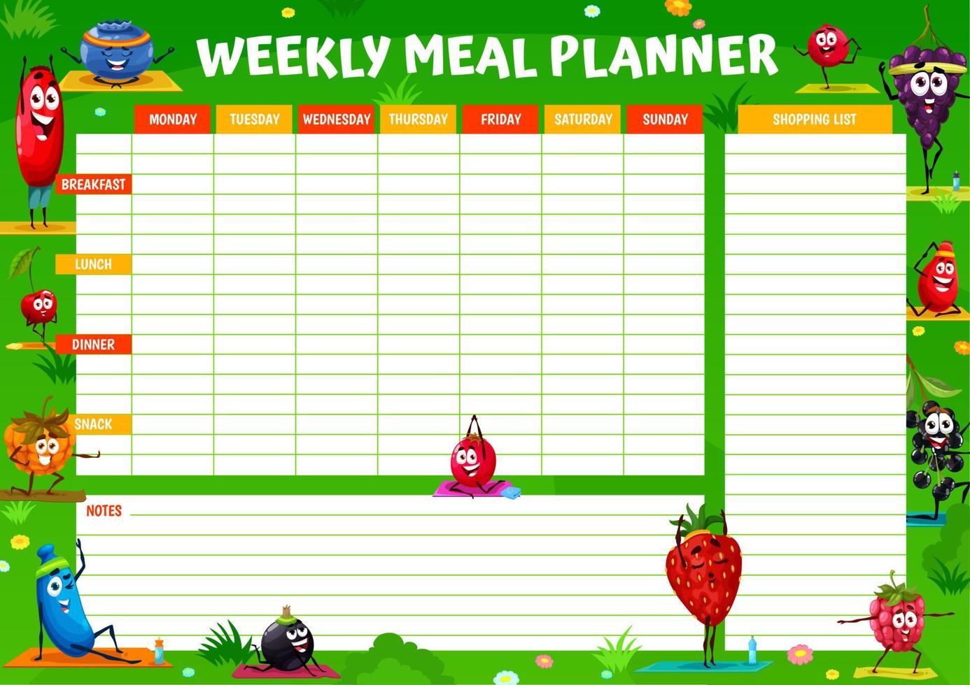 Weekly meal planner with berry characters on yoga vector