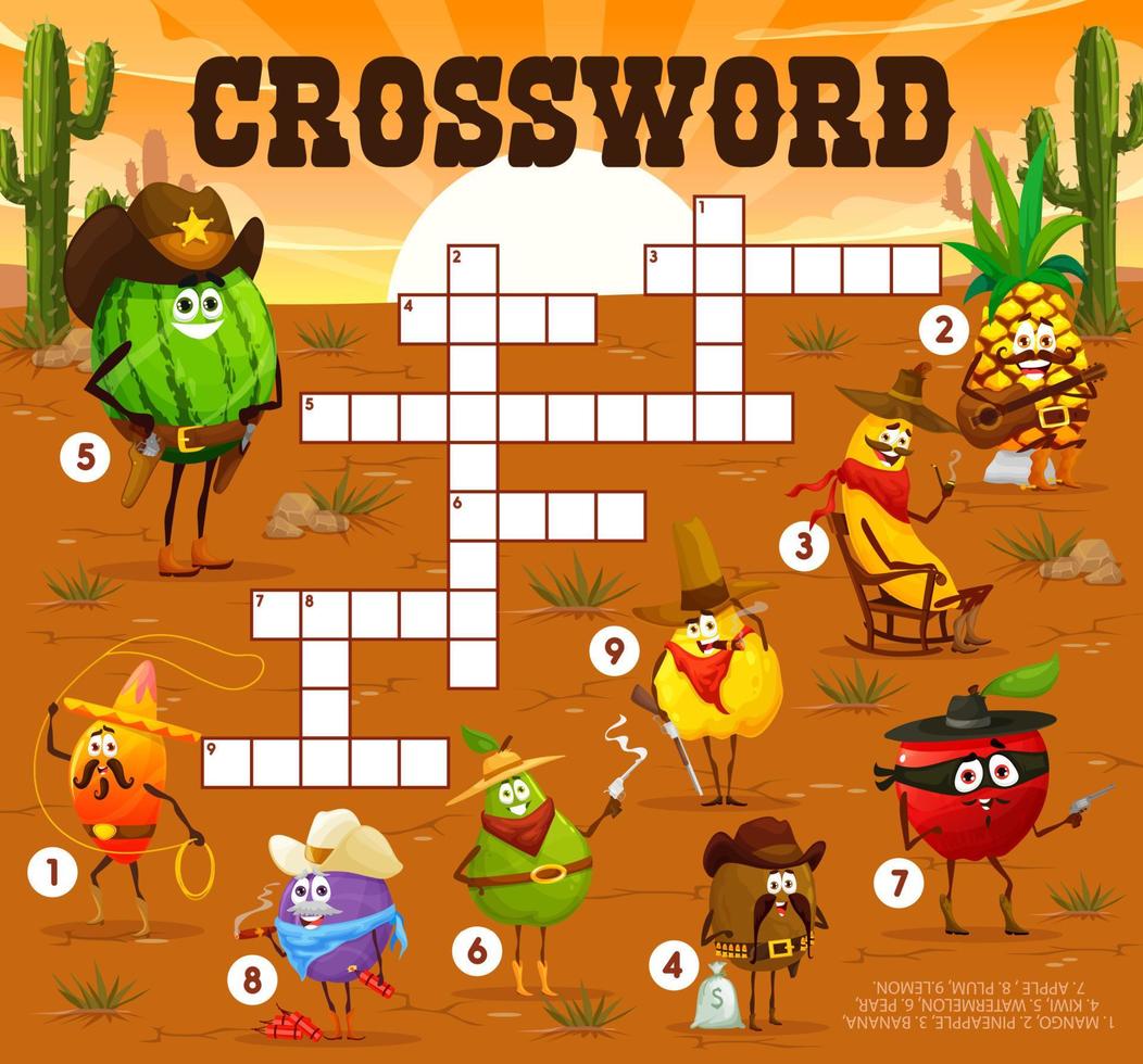 Crossword quiz game of cartoon fruit cowboys vector