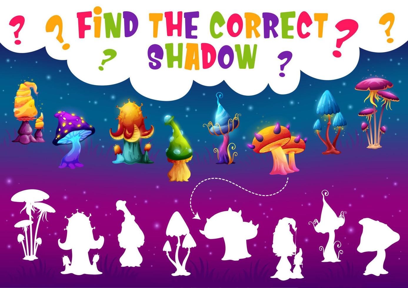 Find correct shadow of magic mushroom kids game vector