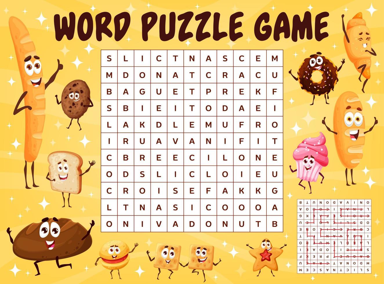 Cartoon bread characters, word search puzzle game vector