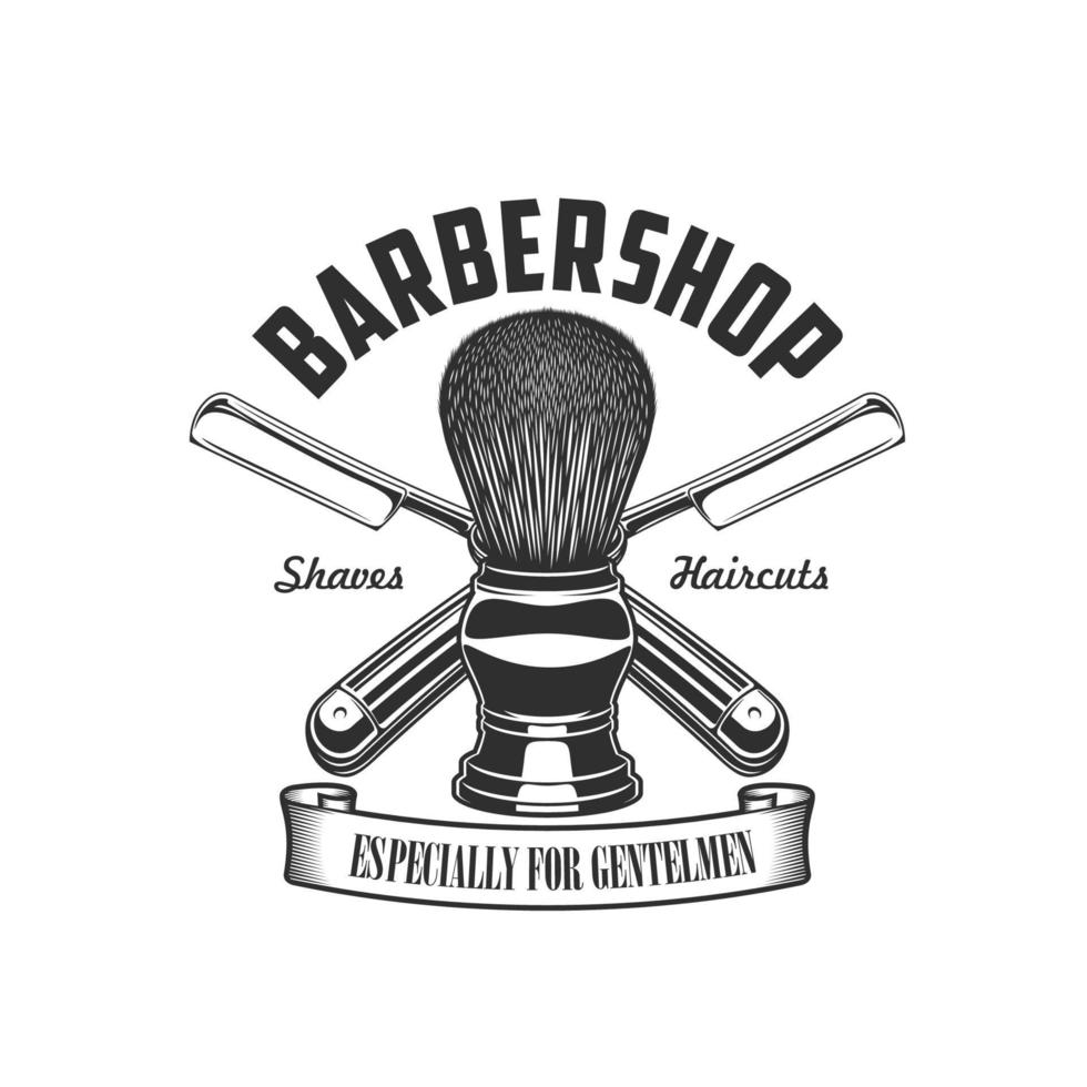 Barbershop shaving brush razor icon, haircut salon vector