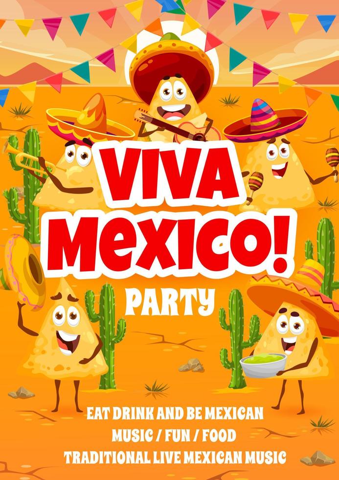 Viva Mexico party flyer with Mexican nachos chips vector