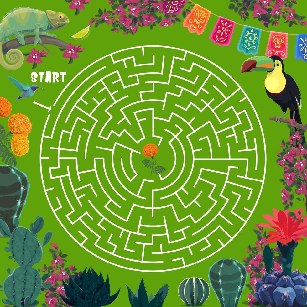 juego de laberinto laberinto con plantas mexicanas, animales vector