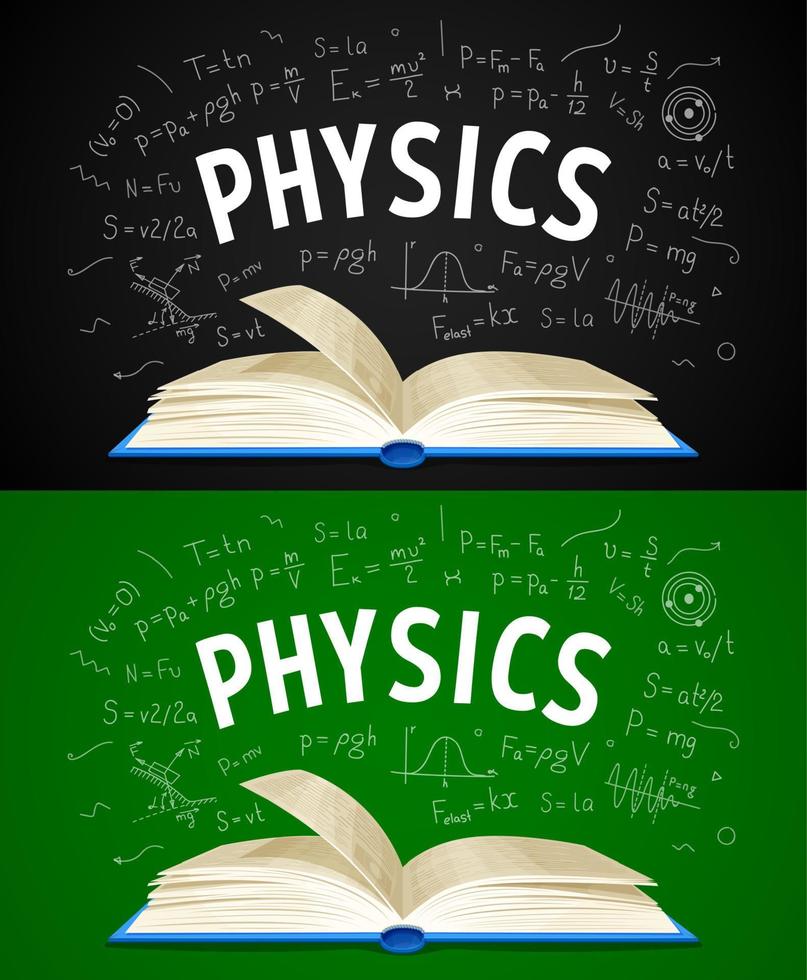 libro de texto de física, fórmulas en la pizarra escolar vector