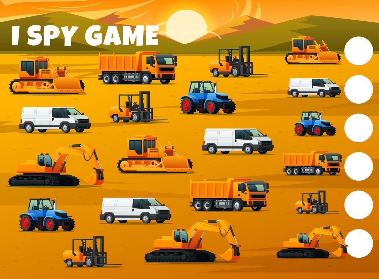 I spy game, construction machinery trucks quiz vector