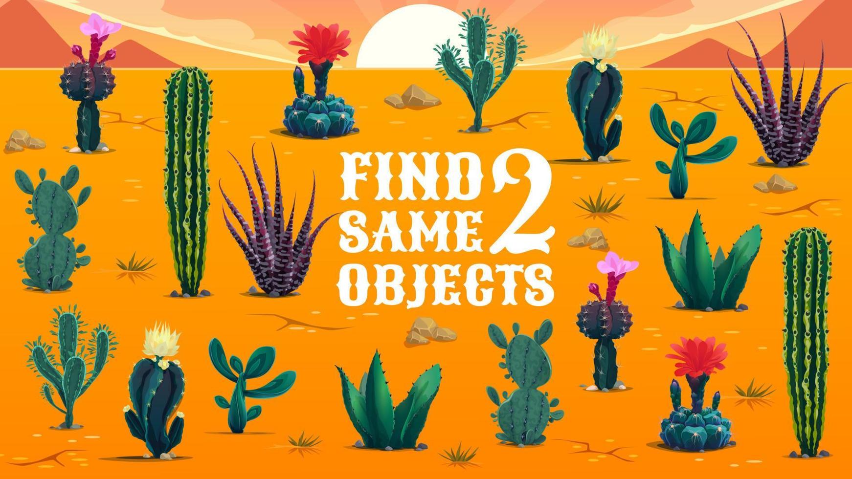 Find two same Mexican cactus, kid maze game puzzle vector