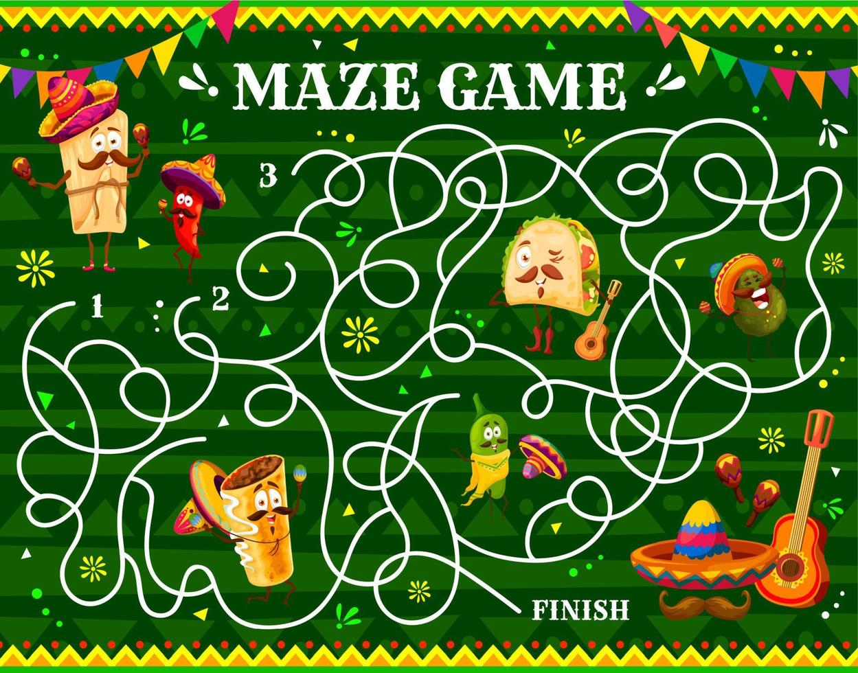 Labyrinth maze, Mexican tacos, avocado, jalapeno vector