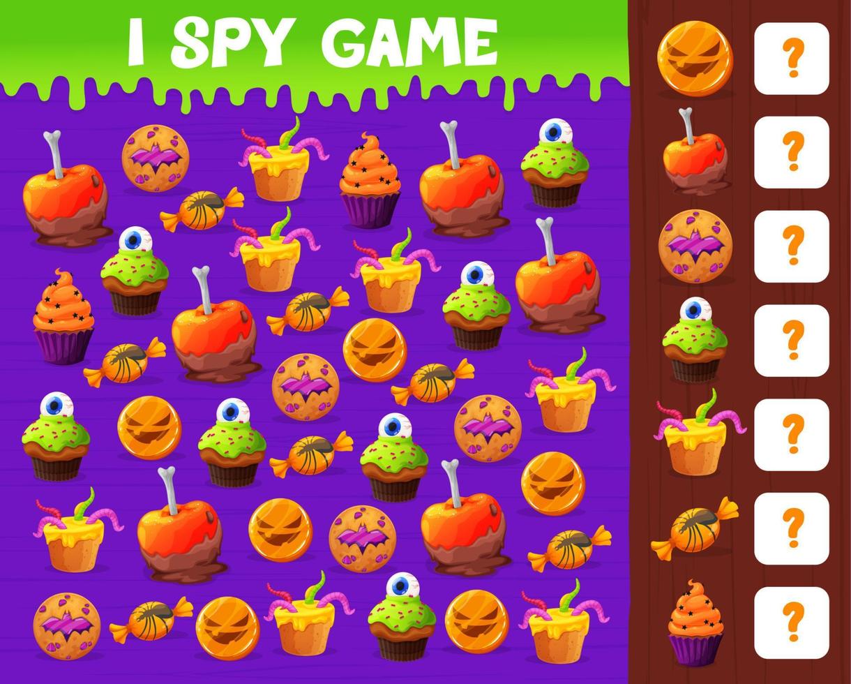 Halloween sweets I spy game quiz worksheet vector