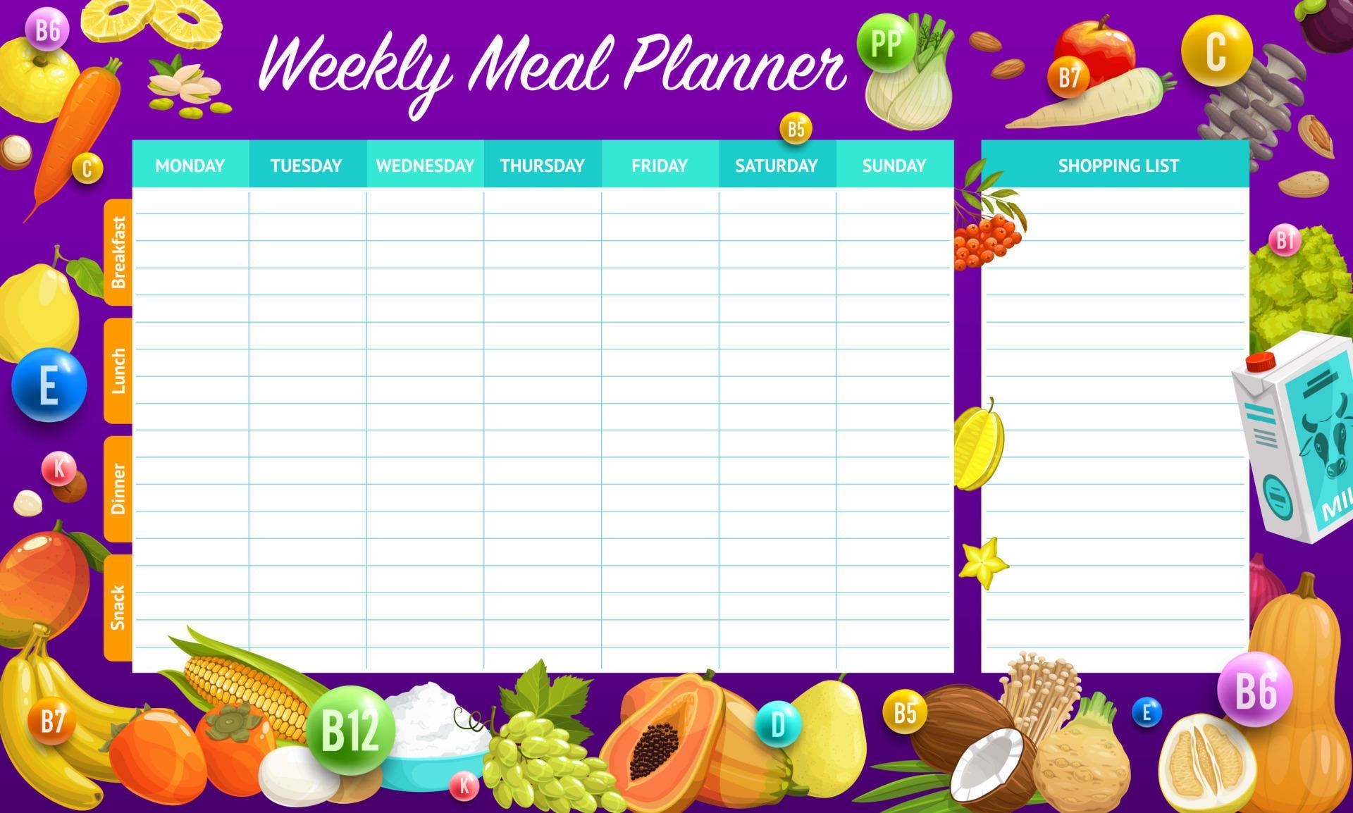 Natural and dried fruits, vegetables on weekly meal planner schedule. Organizer check list for