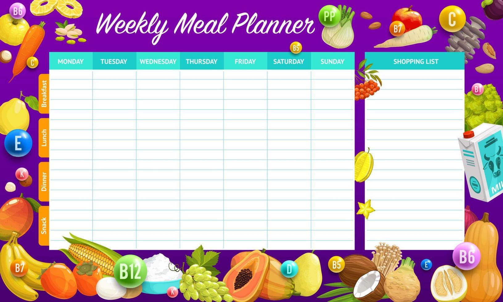 Natural and dried fruits, vegetables on weekly meal planner schedule. Organizer check list for healthy eating, vitamin diet vector menu planner or calendar with dried fruit, veggie and dairy products