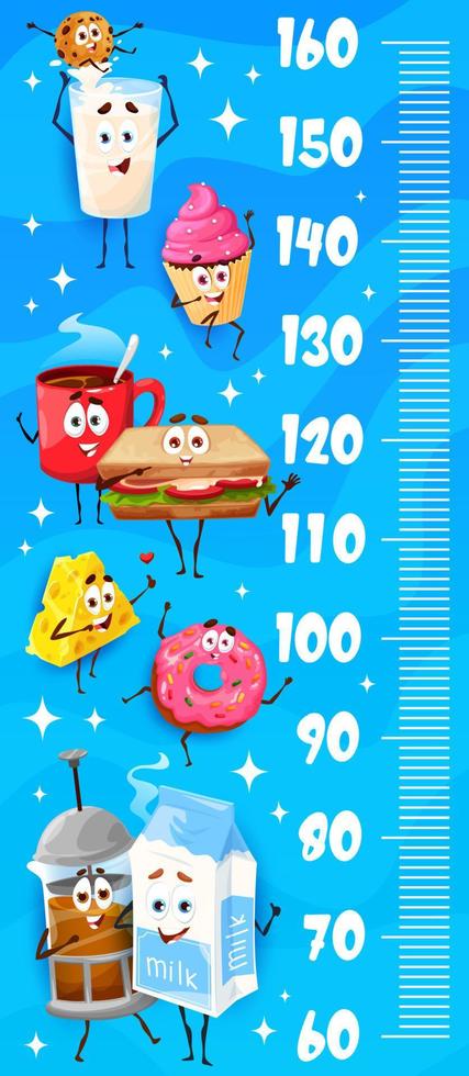 tabla de altura para niños con lindos personajes de desayuno vector