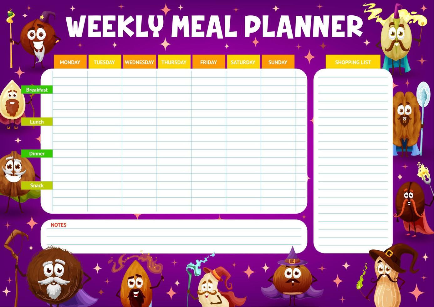 programa semanal del planificador de comidas del mago de las nueces vector