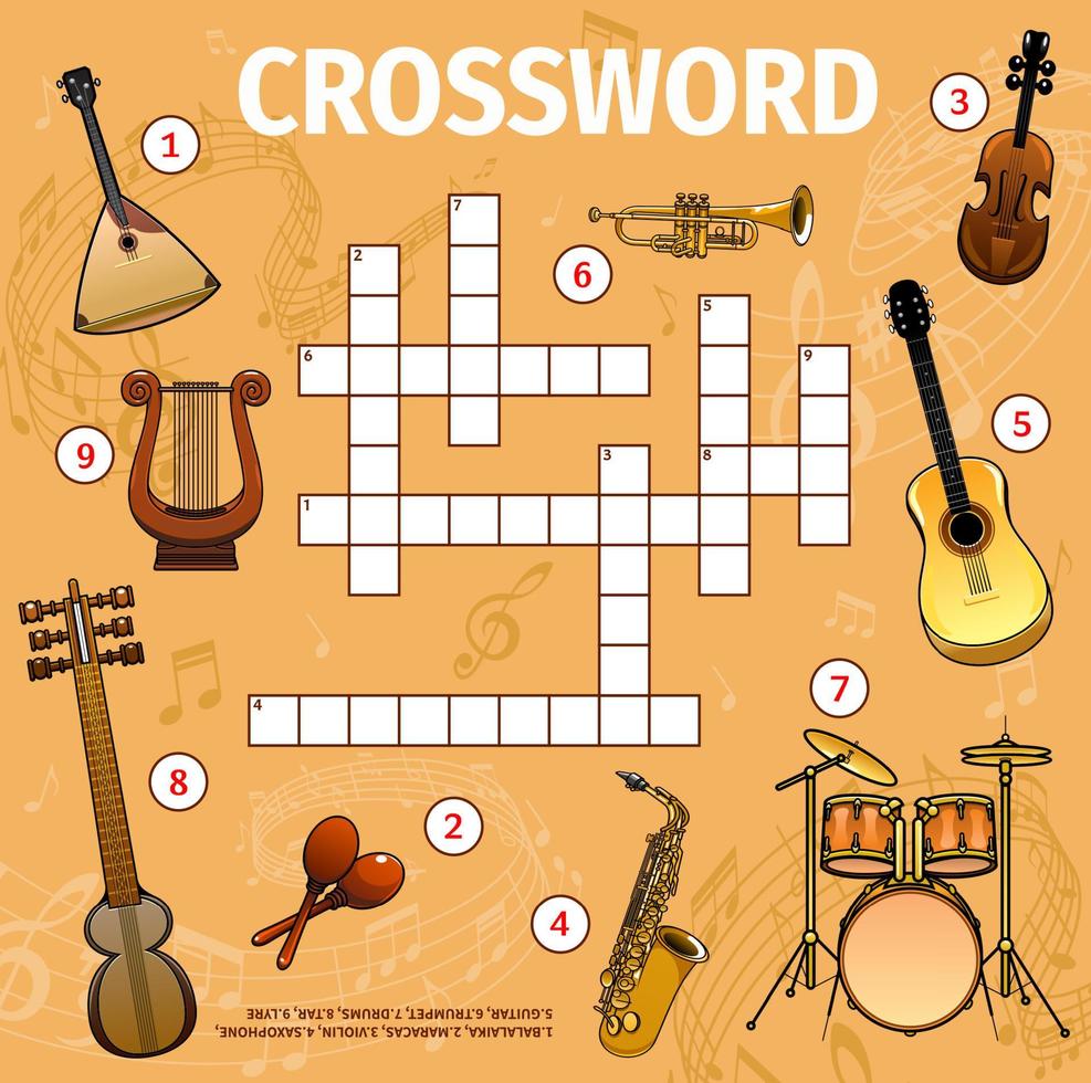 Musical instruments and sound waves crossword grid vector