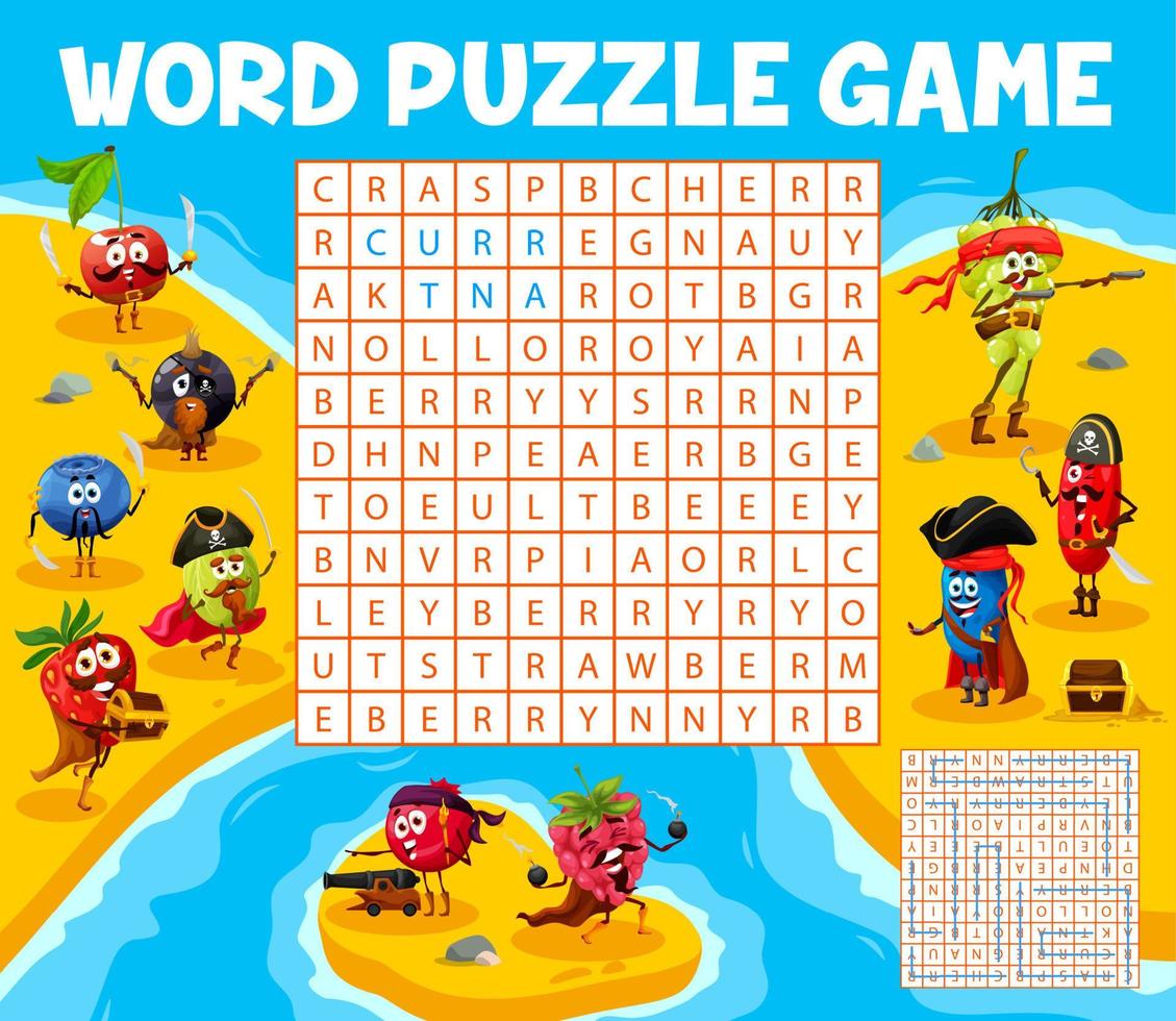 Cartoon berry pirates on word search puzzle game vector