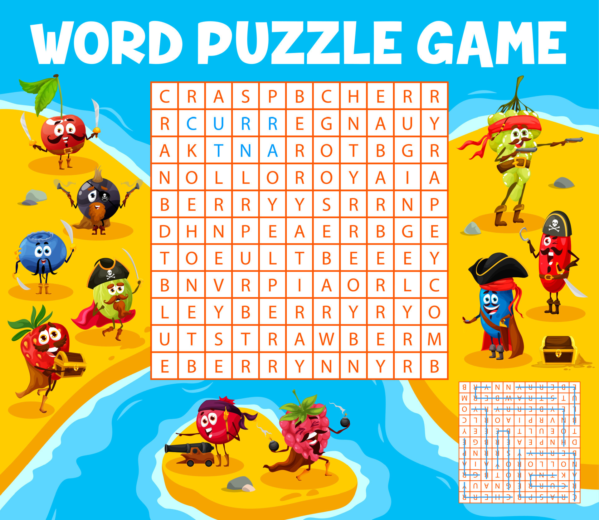 Cartoon berry pirates on word search puzzle game 12287407 Vector Art at