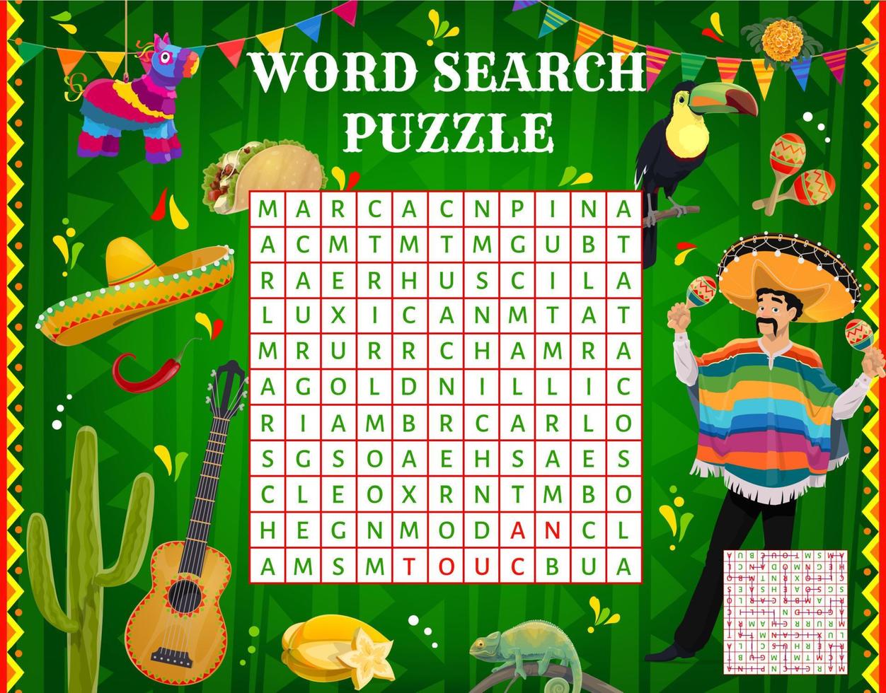 Mexican sombrero, pinata, taco, word search puzzle vector