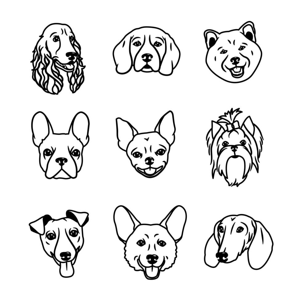 Vector image. Muzzles of dogs of different breeds, such as Spaniel, Beagle, Akita Inu, French bulldog, Chihuahua, Yorkshire terrier, Jack Russell terrier, corgi, dachshund