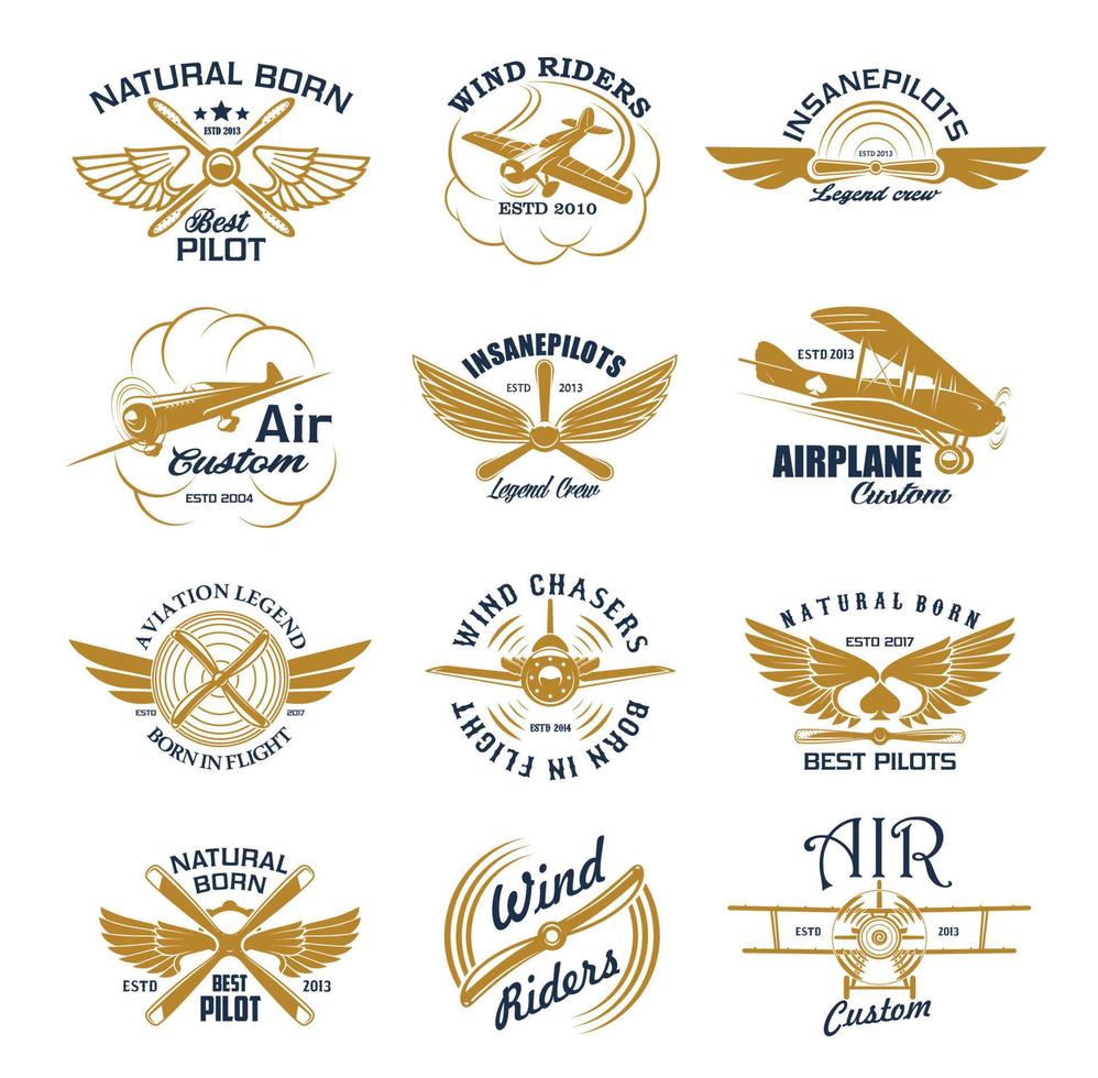 Retro airplane aircraft icons, plane wind riders vector