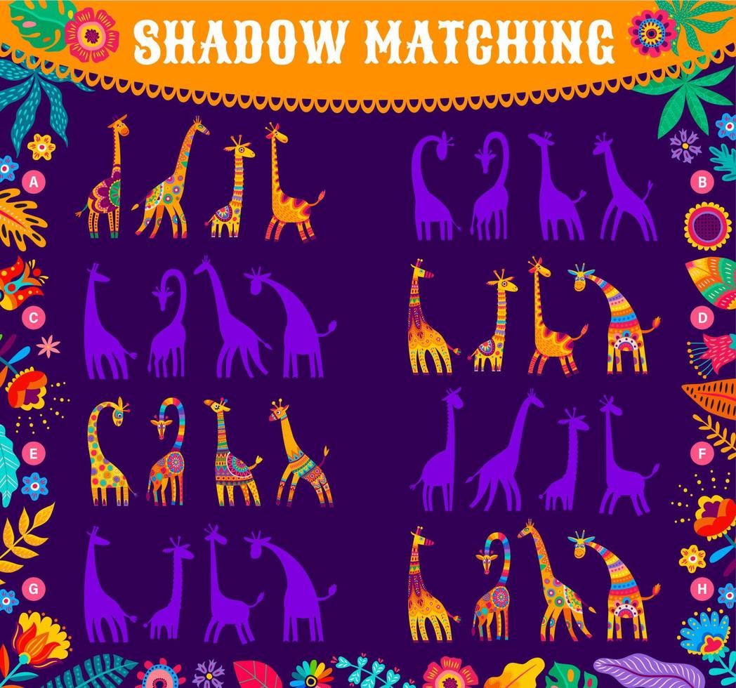 juego de preguntas de combinación de sombras con jirafas africanas vector