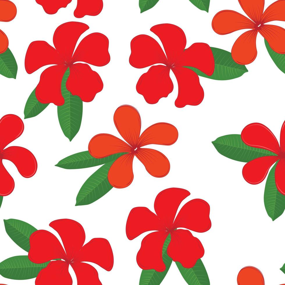 patrones sin fisuras florales. flores rojas tropicales. plumería. ilustración de stock vectorial. hojas de palma doradas. vector