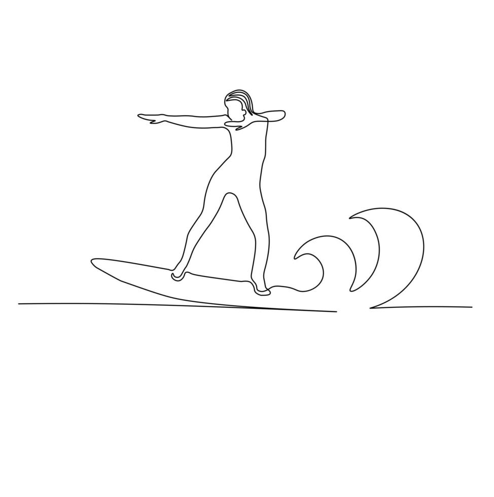 Surfing girl on the waves. Recreation, sports. Vector stock illustration. Isolated on a white background.