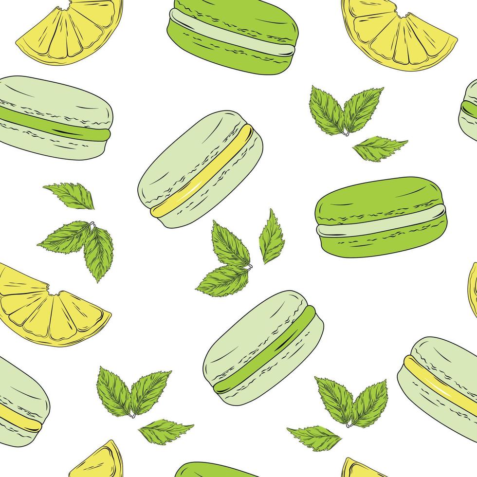 Cream cakes and lemon slices, tea leaves. Packaging for confectionery, baking, birthday gift. Endless ornament. Vector stock illustration. Seamless pattern.macaroon