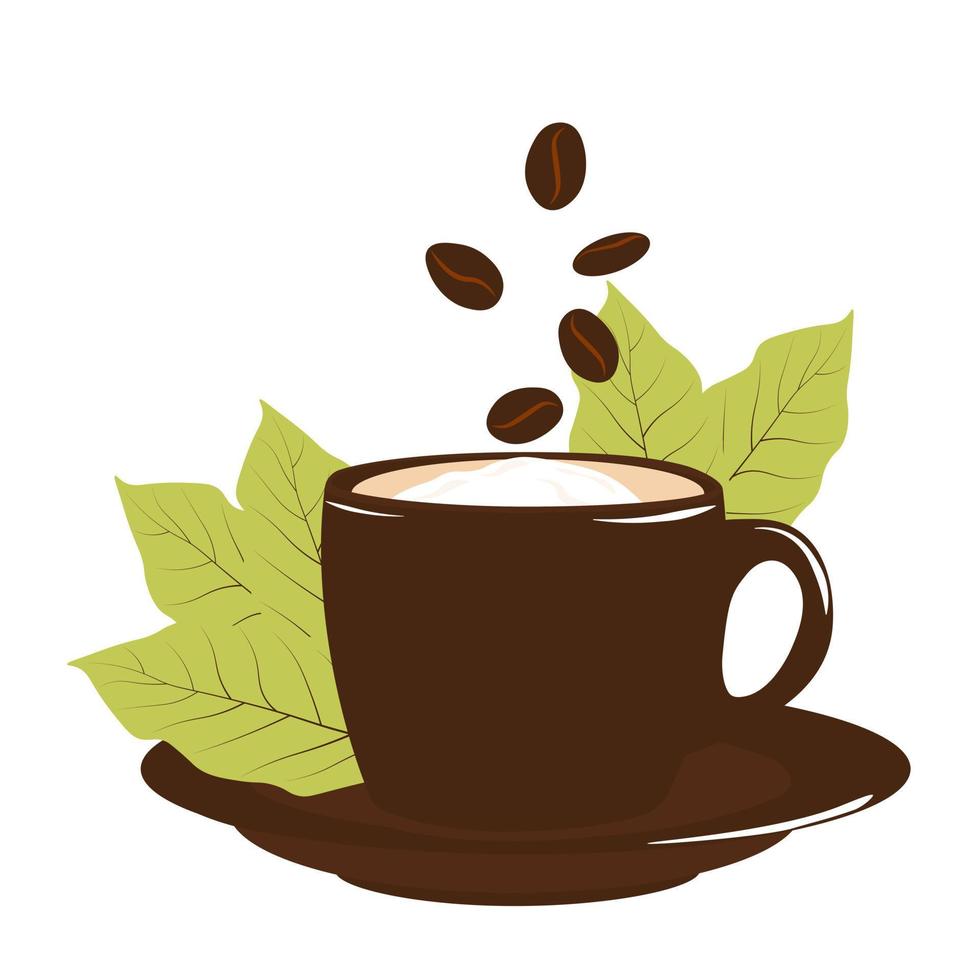 Ilustración de stock de vector de taza de café pequeña. una bebida caliente fragante. granos de café tostado medio. Aislado en un fondo blanco.