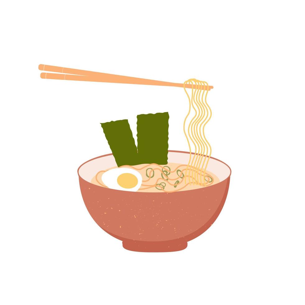 Ramen vector stock illustration. Delicious noodles. The national dish of Korea. Asia. Isolated on a white background. Chinese chopsticks. Hot soup.