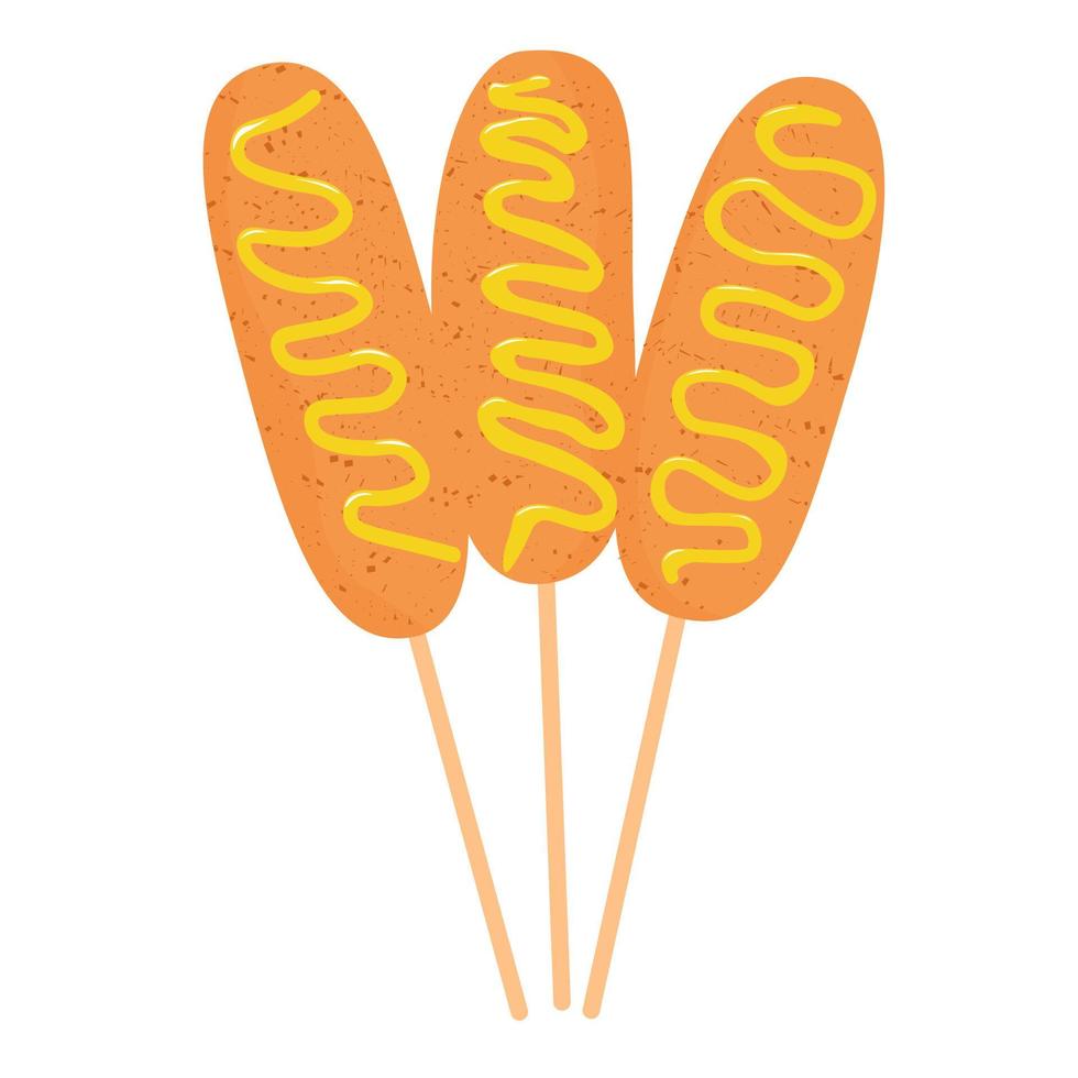 corn dog vector stock illustration. Sausage in the dough. Poured with ketchup and polishing. Isolated on a white background.