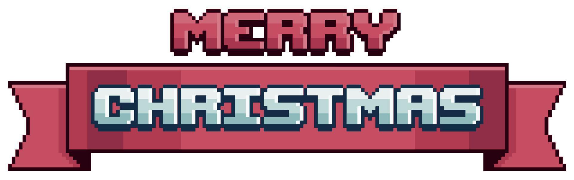 Pixel art merry christmas on red banner. Christmas ribbon vector icon for 8bit game on white background