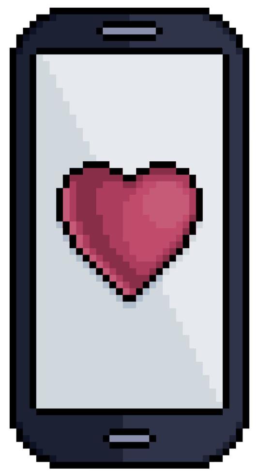 Pixel art cell phone with heart icon vector icon for 8bit game on white background