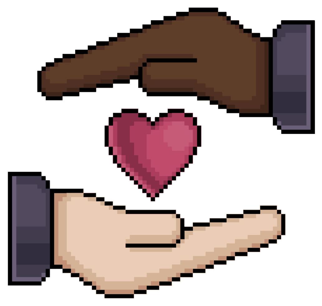 pixel art mano blanca y mano negra sosteniendo icono de vector de corazón para juego de 8 bits sobre fondo blanco