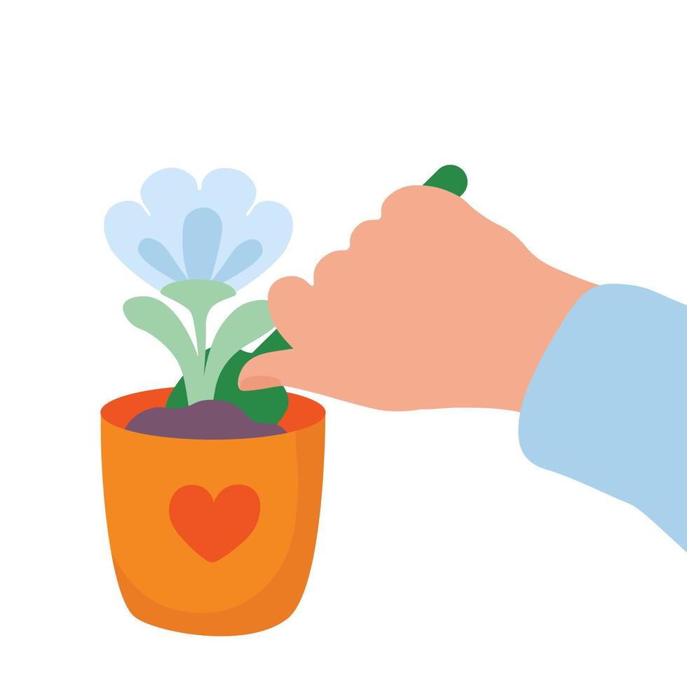 A flower in a pot, a houseplant. Vector stock illustration. gardening, planting at home.  Planting seeds in the spring. The seeds in  hand against the soil. Isolated on a white background.