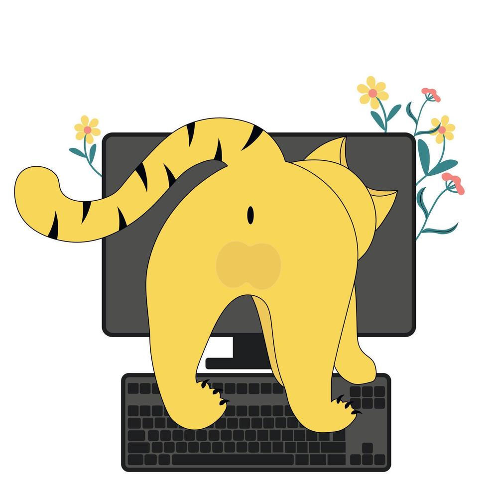 The cat on the keyboard. Work at home. Freelance. vector stock illustration. isolated on a white background. Cute kitten near the monitor.