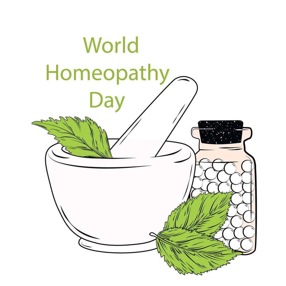 día mundial de la homeopatía. 11 de abril. Ilustración de stock vectorial. Aislado en un fondo blanco. hierbas en un mortero. hojas de menta. aromaterapia cosmética natural. vector