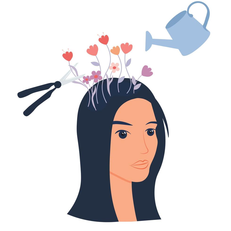 Psychological therapy vector stock illustration. The concept of psychiatric care. A watering can waters the flowers in my head, scissors cut off thoughts. Self-care, healthy lifestyle.