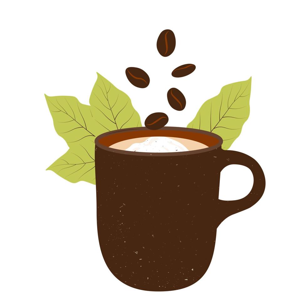 Ilustración de stock de vector de taza de café pequeña. una bebida caliente fragante. granos de café tostado medio. Aislado en un fondo blanco.