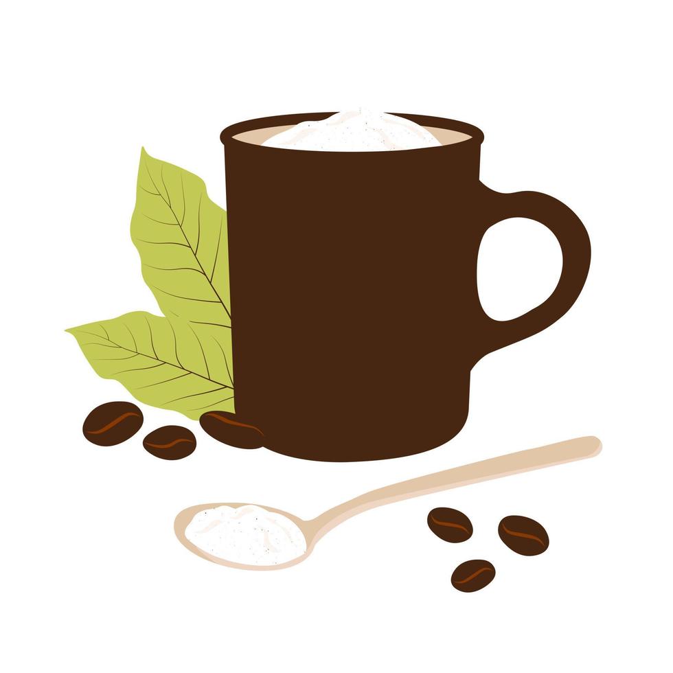 Ilustración de stock de vector de taza de café pequeña. una bebida caliente fragante. granos de café tostado medio. Aislado en un fondo blanco.